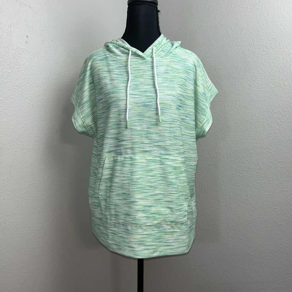 NWT Talbots Terry Hoodie Shirt Women's LP Green Geometric Short Sleeve Pockets